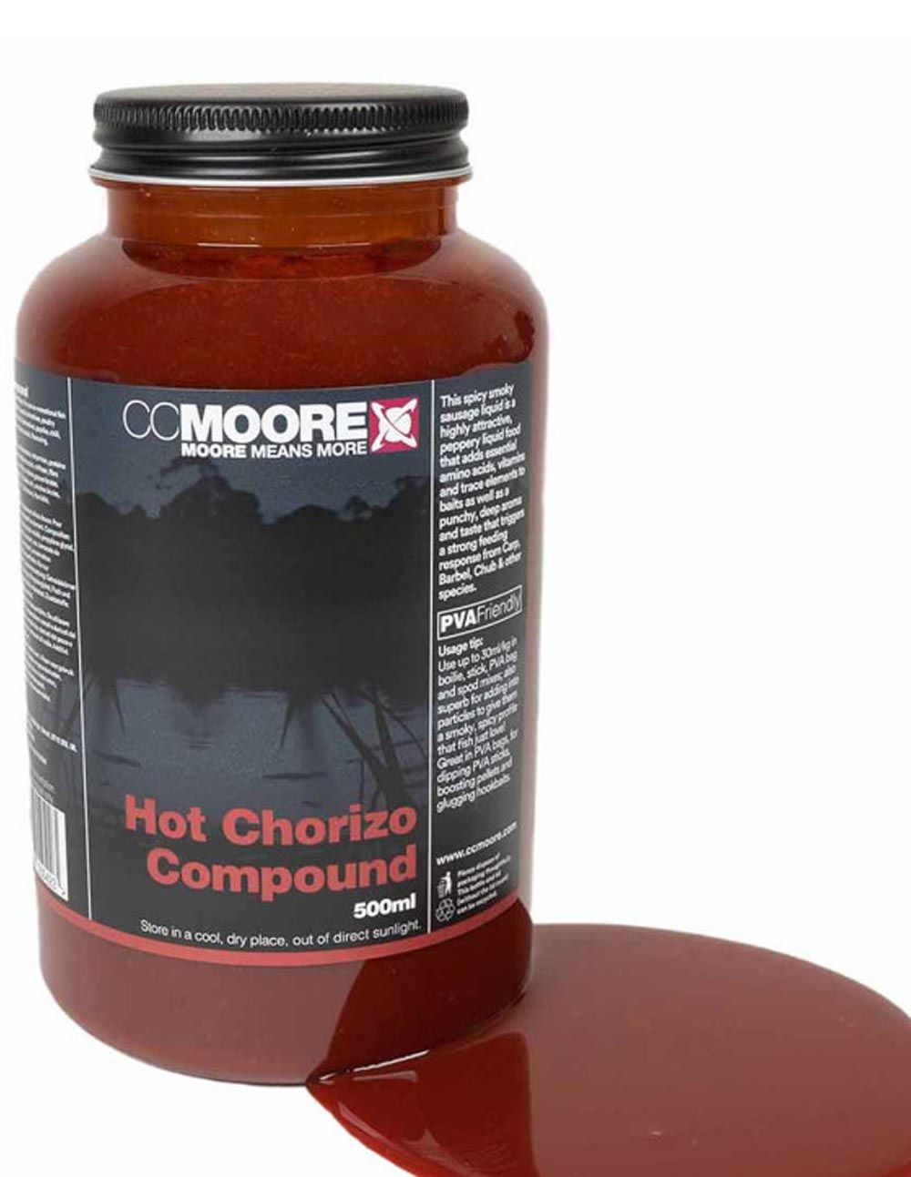 CC Moore Hot Chorizo Compound 500ml ofrece a los pescadores la oportunidad de potenciar sus cebos con un perfil ahumado y carnoso