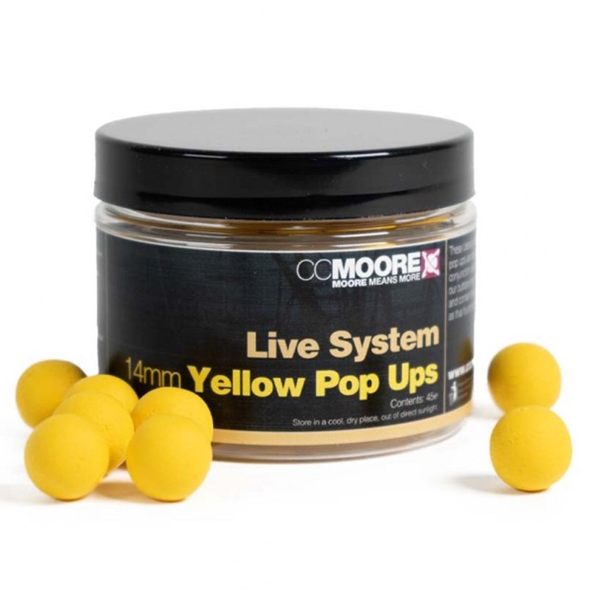Los CC Moore Live System Yellow Pop Ups 14mm son cebos flotantes de alta gama, pensados para optimizar tus jornadas de carpfishing.
