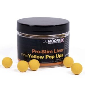 CC Moore Pro-Stim Liver Yellow Pop Ups 14mm son cebos flotantes de alta calidad, diseñados específicamente para complementar nuestros Pro-Stim Liver Boilies