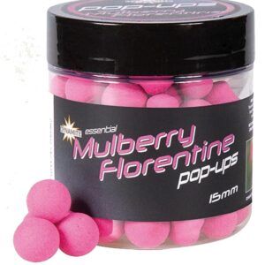 Dynamite Baits Fluro Pop Up Mulberry Florentine 15mm son cebos de anzuelo diseñados para ofrecer una visibilidad excepcional y una atracción instantánea