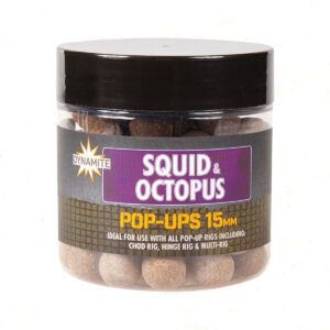 Dynamite Baits Squid & Octopus Foodbait Pop Ups 15mm pop up diseñados para imitar perfectamente el sabor, el aroma y la textura de la misma gama.