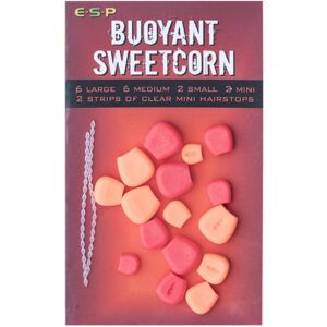 ESP Buoyant Sweetcorn-Red/Orange tiene 16 granos en el paquete (6 grandes, 6 medianos, 2 pequeños y 2 mini) más dos tiras de topes.