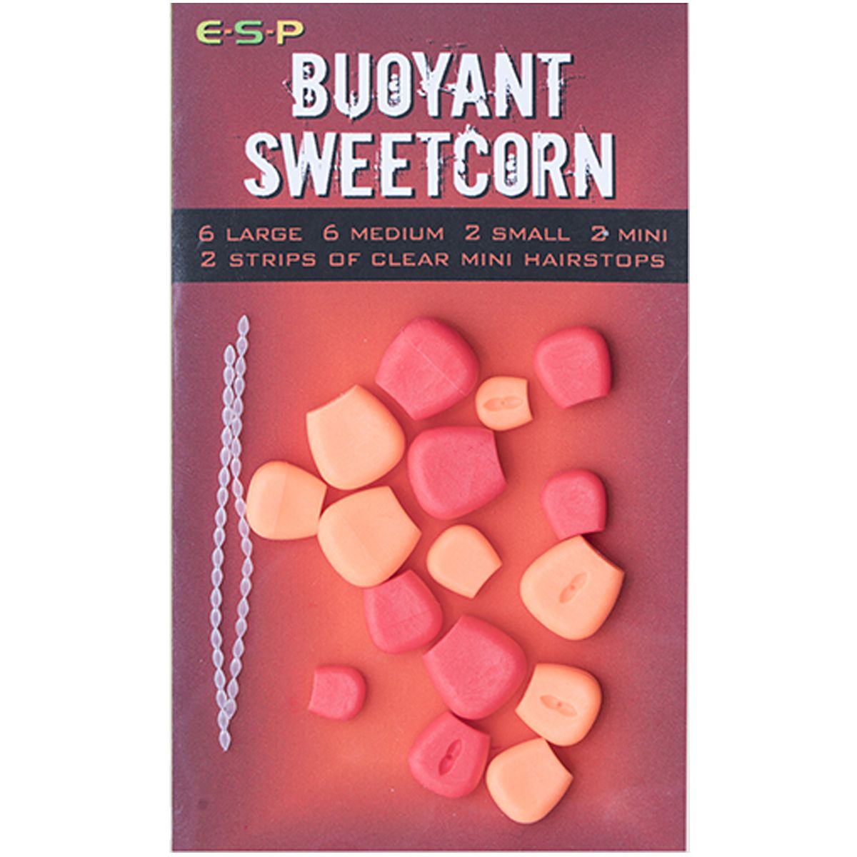 ESP Buoyant Sweetcorn-Red/Orange tiene 16 granos en el paquete (6 grandes, 6 medianos, 2 pequeños y 2 mini) más dos tiras de topes.