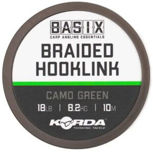 El Korda Basix Braided Hooklink Camo Green 18lb es el bajo de línea ideal para montajes de bolsas de PVA sólidas o presentaciones tipo Método.