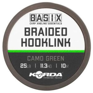 El Korda Basix Braided Hooklink Camo Green 25lb es el bajo de línea ideal para montajes de bolsas de PVA sólidas o presentaciones tipo Método.