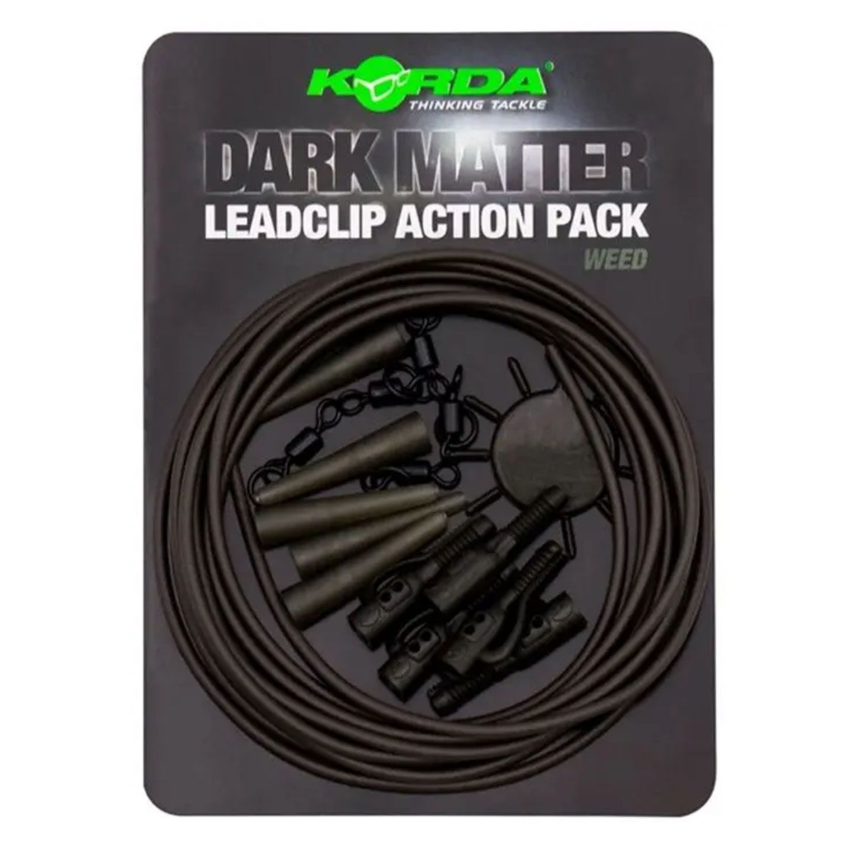 El Korda Dark Matter Lead Clip Action Pack Weed reúne todos los componentes esenciales para montar un sistema de clip de plomo seguro y eficaz.