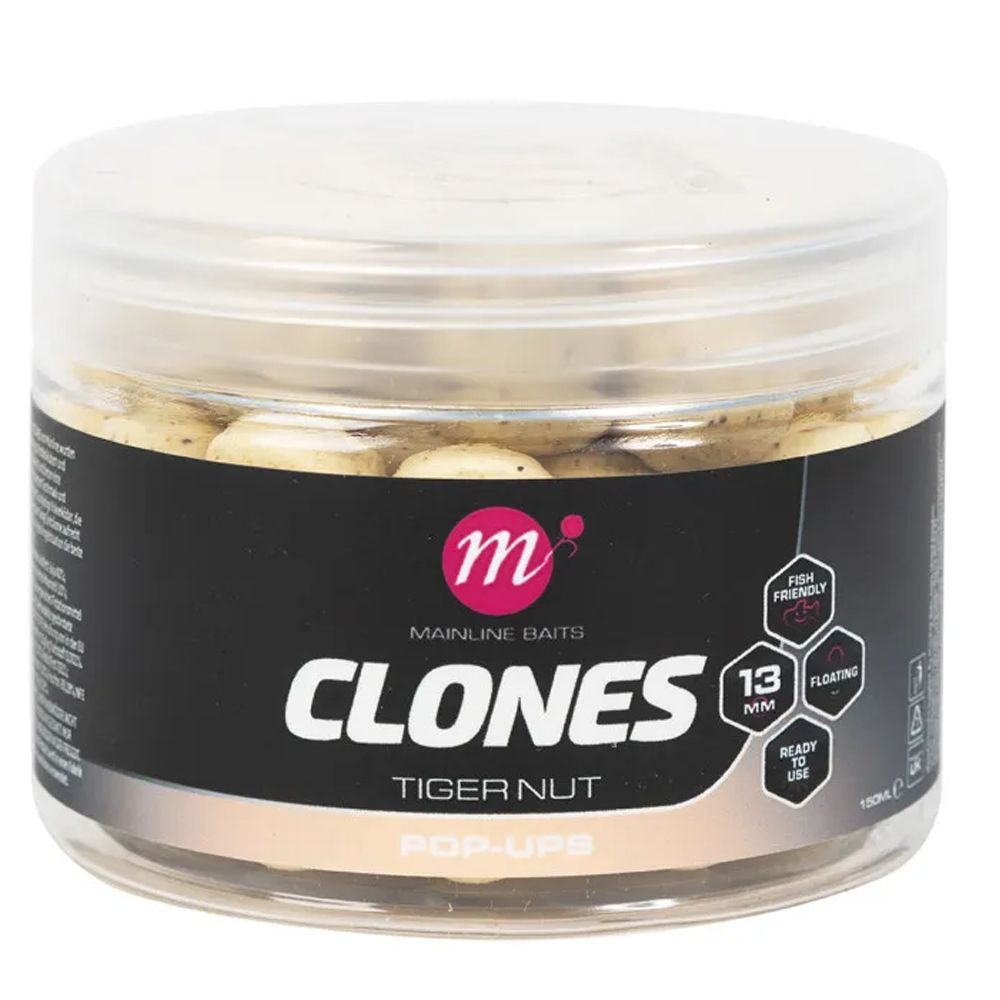 Mainline Clones Pop Ups Tiger Nut 13 mm son hookbaits emergentes de alta calidad diseñados para replicar perfectamente el sabor, color y textura