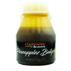 Massive Baits Amino Glugs Pineapplez Butyricco es un cebo de inmersión formulado para maximizar el poder de atracción de tus boilies, pellets o semillas.
