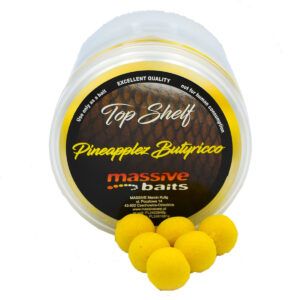 Massive Baits Pop-Ups Pineapplez Butyricco 14mm combinan la potencia aromática de la piña dulce con el ácido butírico, una mezcla irresistible.