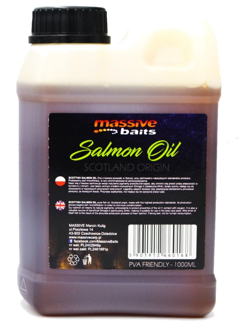 Massive Baits Aceite de Salmón es un aditivo natural de alta calidad, producido en Escocia bajo estrictos estándares de higiene y pureza.
