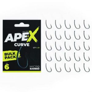 El RidgeMonkey Pack 25uds Ape-X Curve Barbed Bulk Nº6 es la opción perfecta para los pescadores que buscan un anzuelo de máxima calidad.