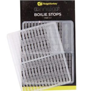 Los RidgeMonkey Connexion Boilie Stop Clear están diseñados para mantener tus boilies, pellets o cebos artificiales firmemente sujetos en el hair rig.