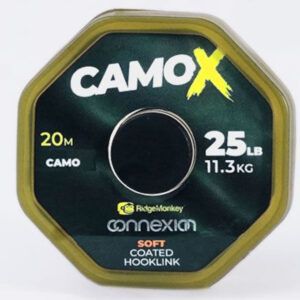 RidgeMonkey Connexion CamoX Soft Coated Hooklink 25lb diseñado para adaptarse a una gran variedad de fondos y estilos de pesca.