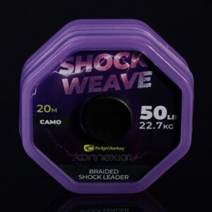 RidgeMonkey Connexion Shock Weave Braided Shock Leader 50lb es el bajo de línea de choque trenzado definitivo para pescadores exigentes.