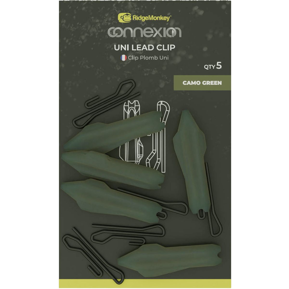 El RidgeMonkey Connexion Uni Lead Clip Camo Green permite al pescador decidir fácilmente si desea liberar o retener el plomo.