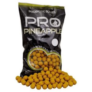 Starbaits Boilies Probiotic Pineapple 20mm con ingredientes activos como levaduras, betaína, extracto de hígado, minerales y aceites esenciales.