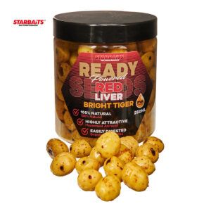 las Starbaits Ready Seeds Bright Tiger Red Liver para pescadores de carpfishing que buscan cebos naturales, nutritivos y altamente atractivos.
