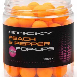 Sticky Baits Peach & Pepper Pop Up 16mm en color naranja ofrece un equilibrio perfecto entre dulzura afrutada y un sutil toque especiado.