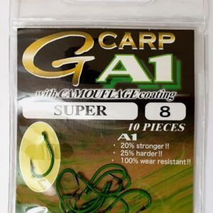 GamaKatsu Anzuelos A1 G-Carp Super Hooks Camou Verde Size 8 ofrece la combinación definitiva entre potencia, precisión y mimetismo, fiable y discreto.