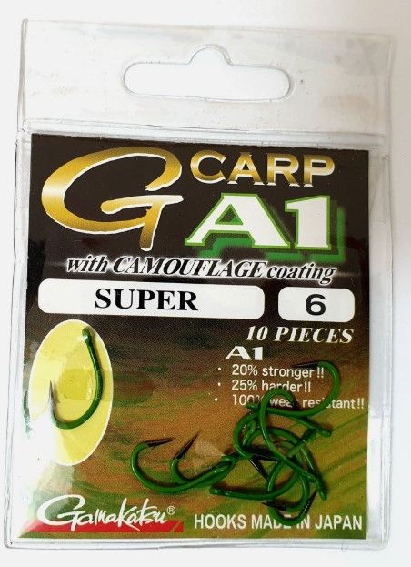 GamaKatsu Anzuelos A1 G-Carp Super Hooks Camou Verde Size 6 ofrece la combinación definitiva entre potencia, precisión y mimetismo, fiable, discreto.