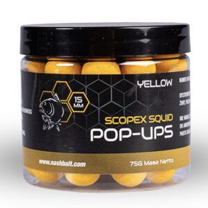 Nash Scopex Squid Pop Ups Amarillo 20mm son cebos de anzuelo altamente flotantes, diseñados para maximizar la atracción en tus sesiones de pesca.