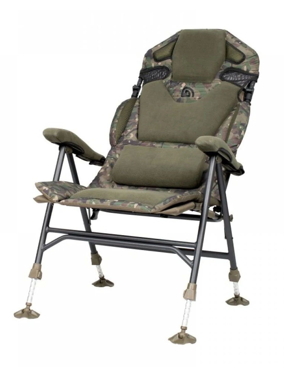 Trakker Silla Levelite Camo Longback Reclinable diseñada para proporcionar soporte lumbar ajustable y zonas clave con espuma con memoria