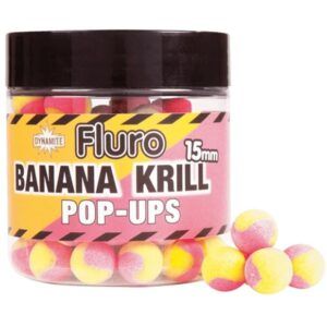 Dynamite Baits Two Tone Fluro’s Banana & Krill Pop Ups 15mm e han convertido en uno de los cebos más eficaces y populares en el carpfishing europeo.