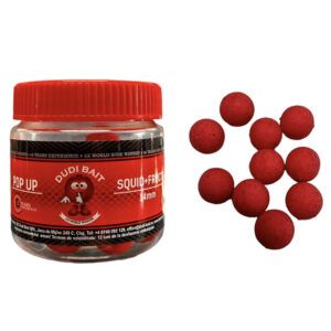 Dudi Baits Squid Fruits Pop Up 14mm combinan dos armas clave para la pesca moderna de carpas: un aroma potente y un color rojo intenso.