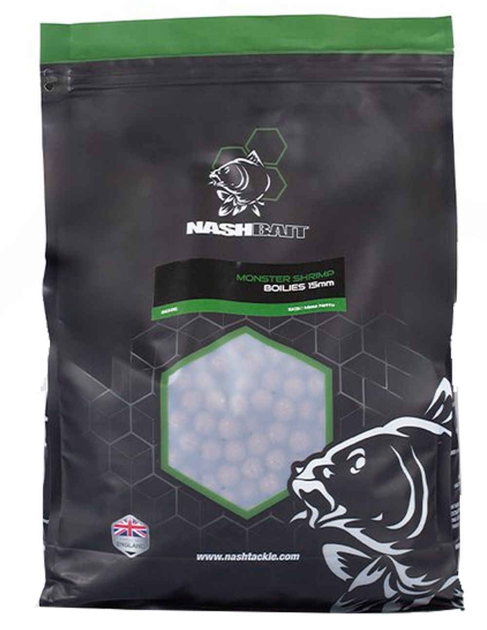 Nash Monster Shrimp Boilies 20mm inspirados en la legendaria receta Monster Pursuit, estos boilies combinan una mezcla compleja de harinas marinas.