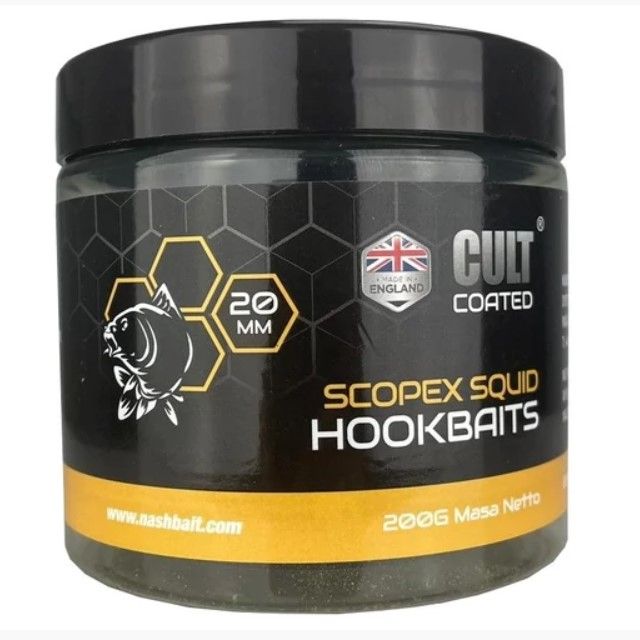 Nash Scopex Squid Signal Coated Hookbaits 20mm impregnado de los potentes atrayentes Scopex Squid. Este recubrimiento se disuelve lentamente.