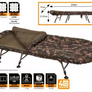 Fox Bed Chair Camolite Sleep System combina un diseño ergonómico con materiales de calidad y detalles pensados para el pescador exigente.